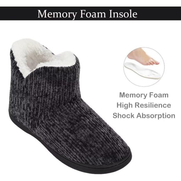 Women's Winter Warm Fluffy Fur Lined Plush Black Bootie Slippers Shoes - Picture 3 of 7